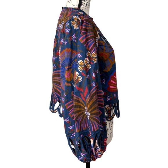 Farm Rio Anthropologie Cutwork Blouse Scalloped-Hem Balloon-Sleeve Top Women XXS - Picture 3 of 9